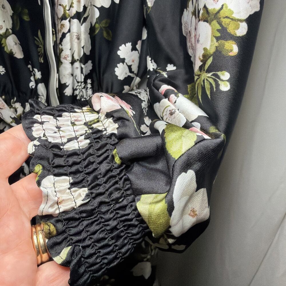 Anne Klein Women 12 Black Floral Shirt Dress Long Sleeve Belted Ruffle Hem - Picture 5 of 9